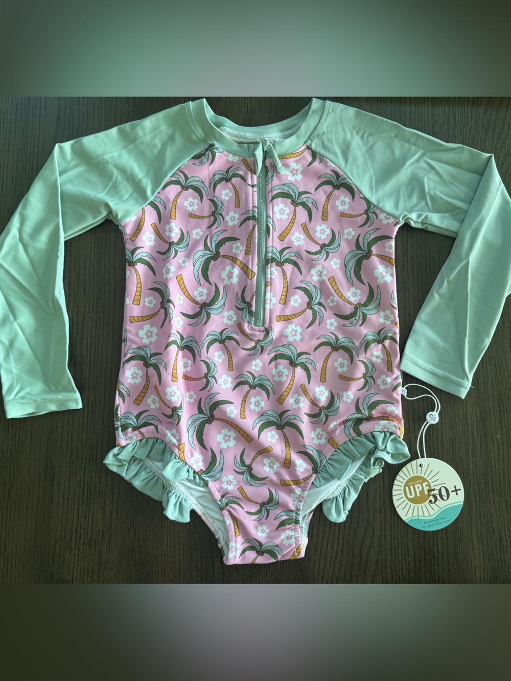 NWT 7/8 Caden Lane Pink Palm Tree Ruffle Swimsuit with Mint Trim